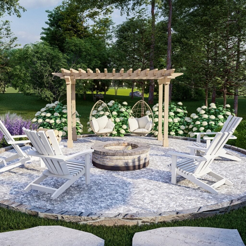 Luxurious Pergola-Framed Concrete Fire Pit Retreat