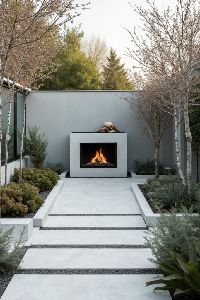 Small Front Garden: Minimalist Fireplace Retreat