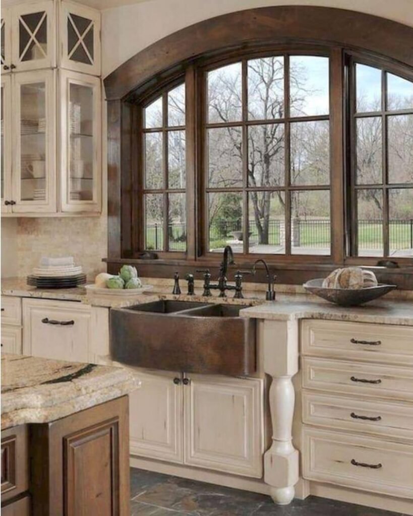 Traditional Cottage Kitchen with Arched Windows