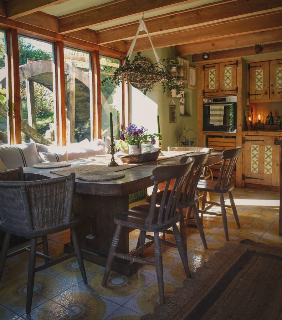 Cozy Farmhouse Dining Room with Exposed Beams