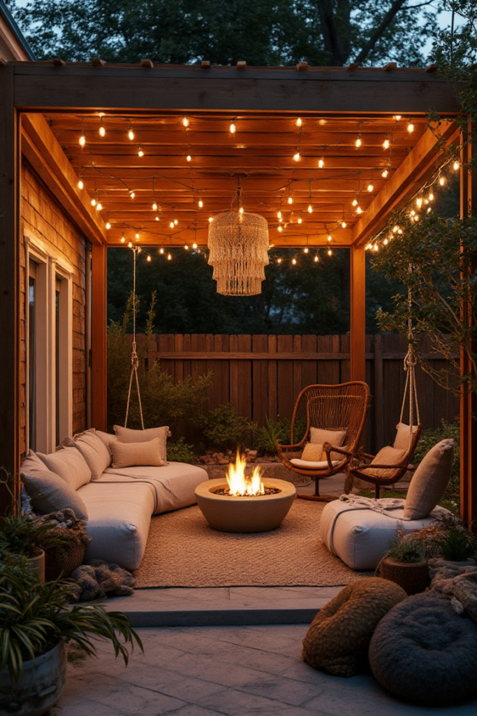 Cozy Bohemian Pergola Retreat with Fire Feature
