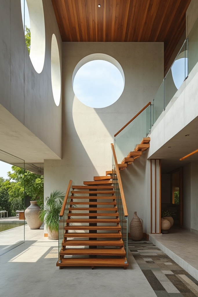 Modern Staircase Landing: Skylit Architectural Marvel