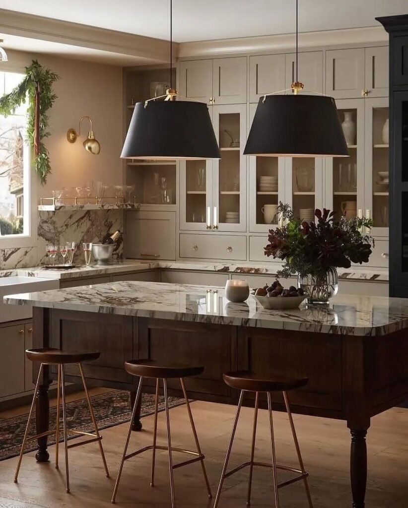 Elegant Kitchen with Black Pendant Lights
