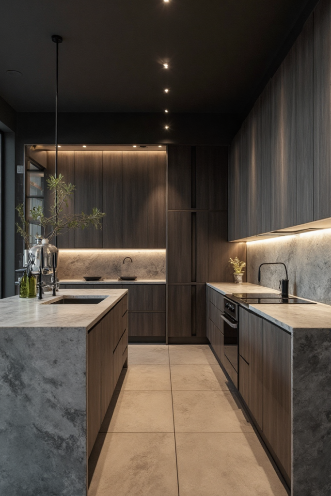 Dark Minimalist Kitchen Layout