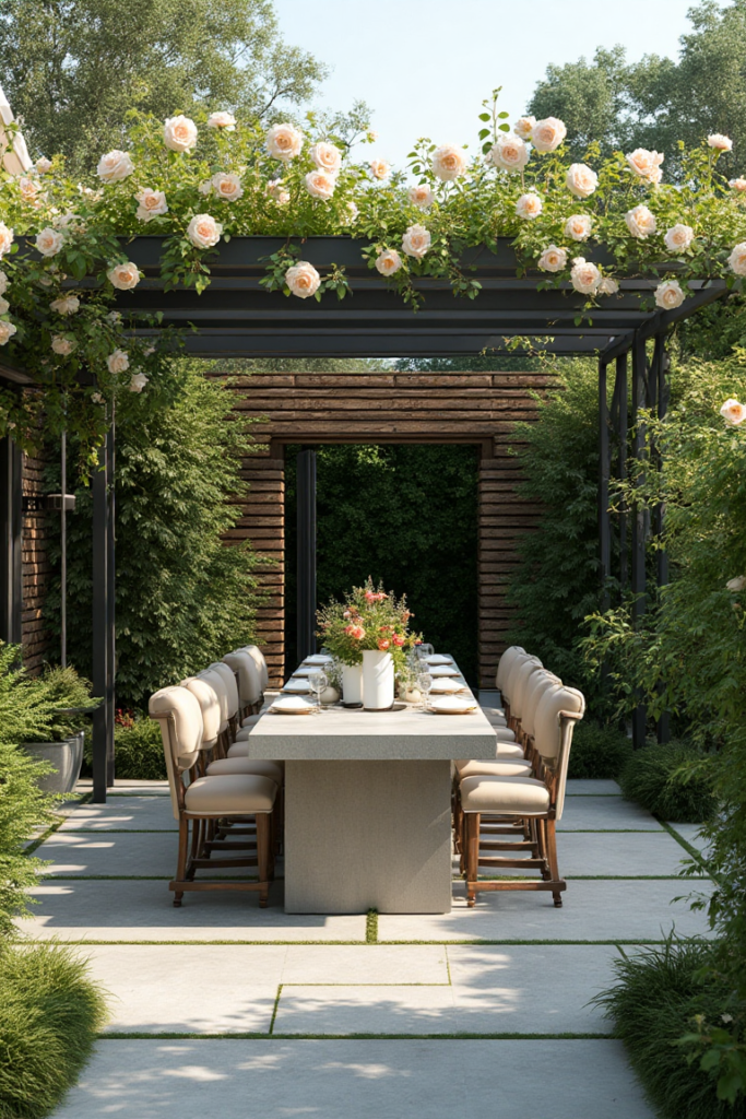 Elegant Outdoor Dining: Rose-Covered Pergola