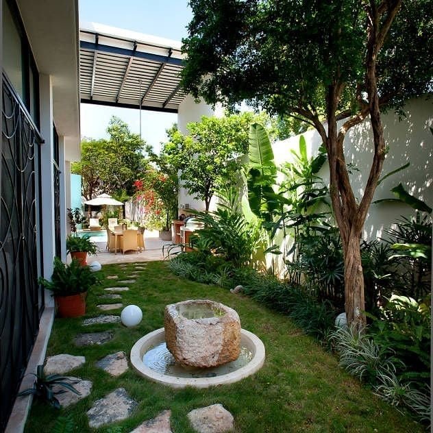 Around Patio Landscaping with Zen Water Feature