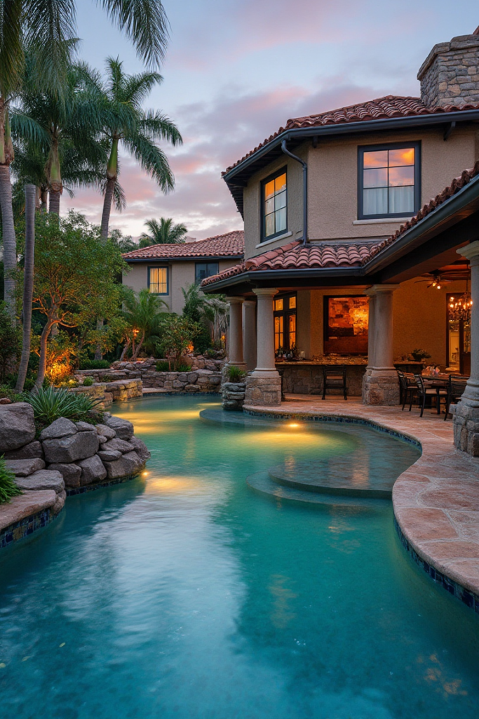 Mediterranean Dream Pool with Landscape Lighting