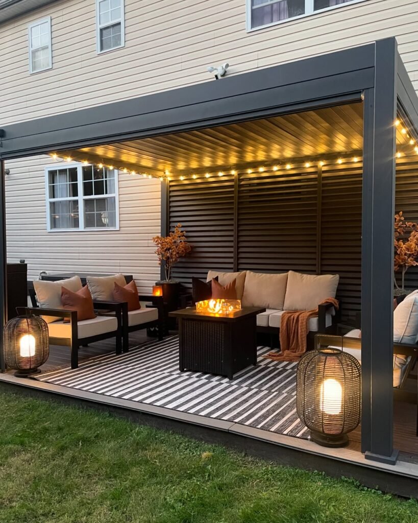 Contemporary Louvered Pergola Entertainment Space