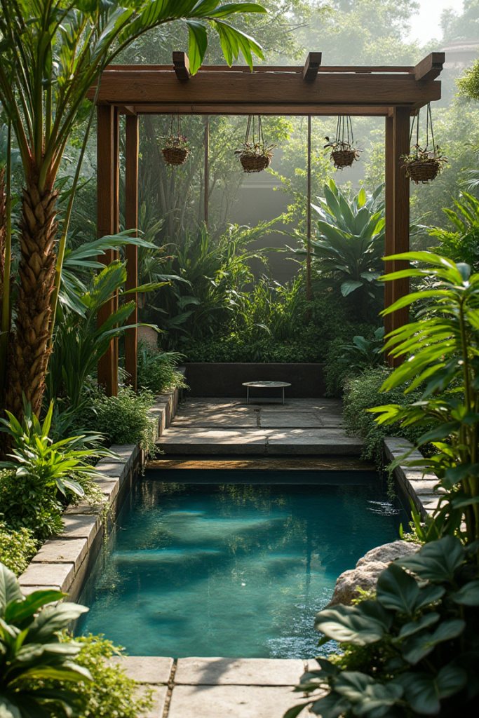 Tropical Dream Pool Design with Lush Garden Pergola
