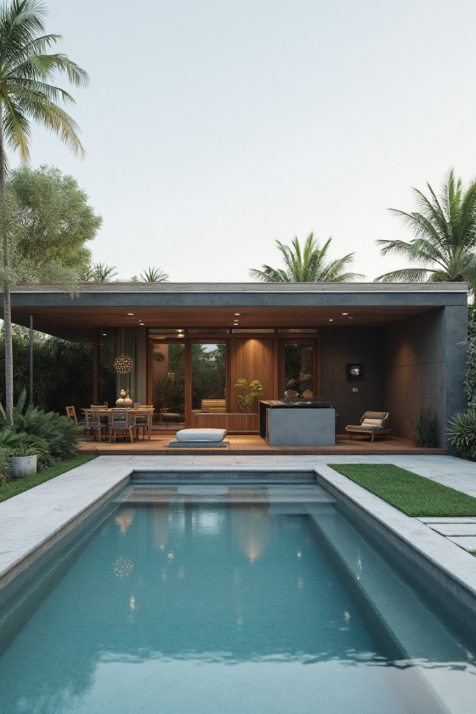 Contemporary Pool House Design with Modern Landscaping