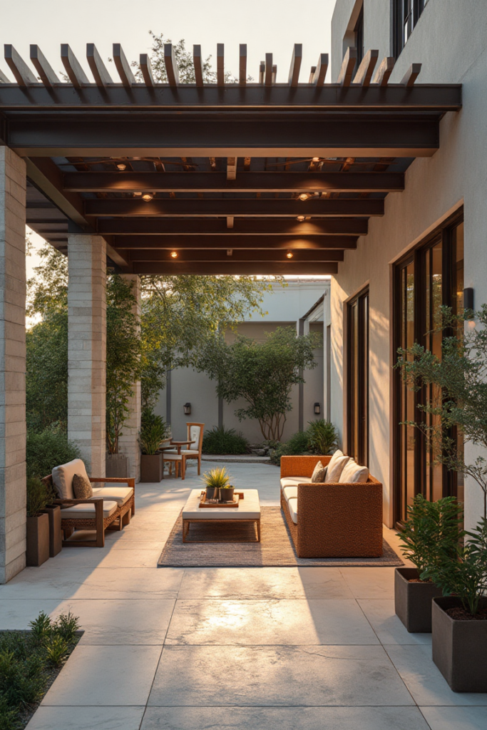 Mediterranean Courtyard Pergola with Ambient Lighting