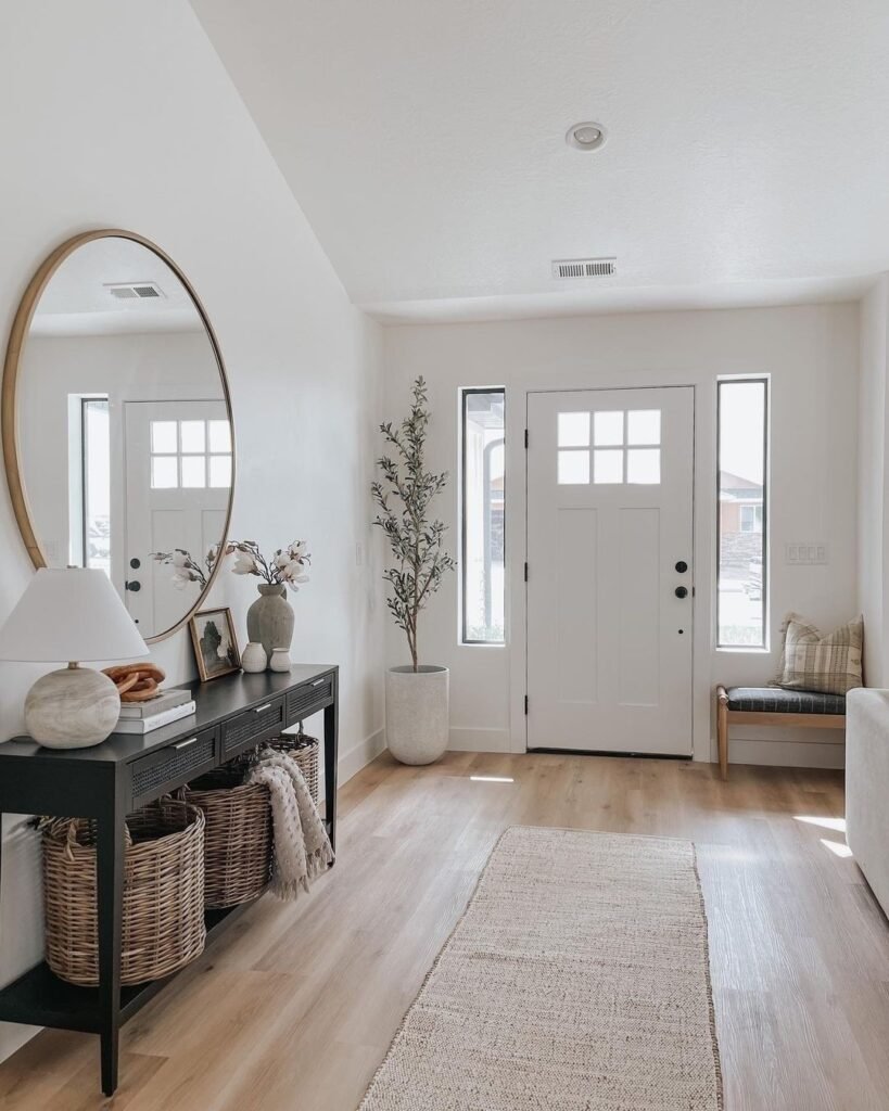 Small Foyer Idea: Modern Minimal with Round Mirror