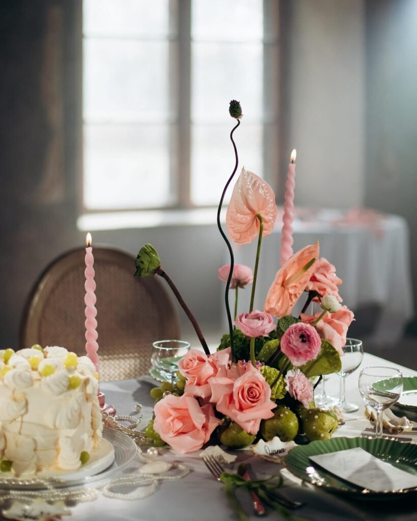 Spring Banquet Table Centerpieces with Blush Roses