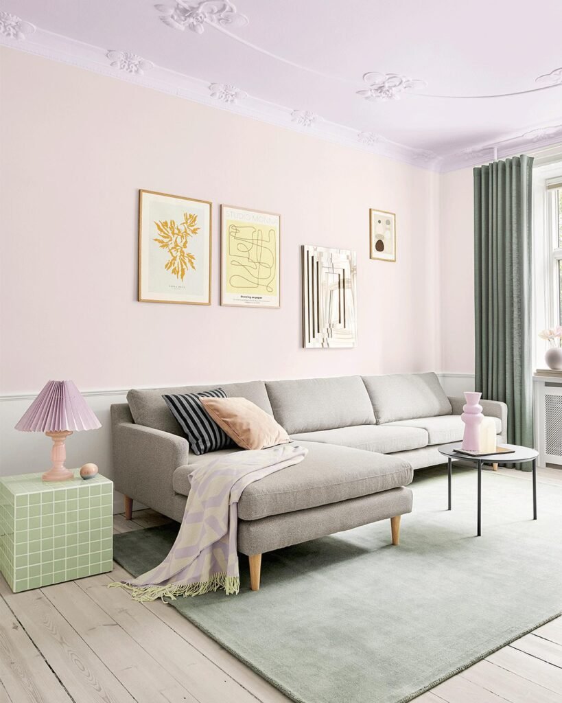 Soft Grey Couch Living Room with Pastel Accents