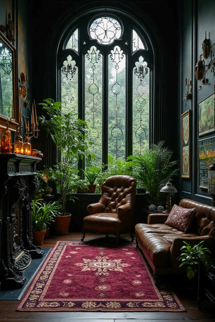 Moody Gothic Library Nook with Stained Glass