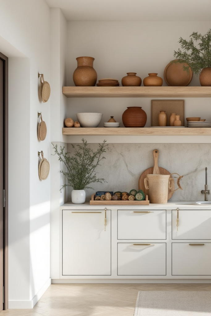 Terracotta-Toned Floating Kitchen Shelves