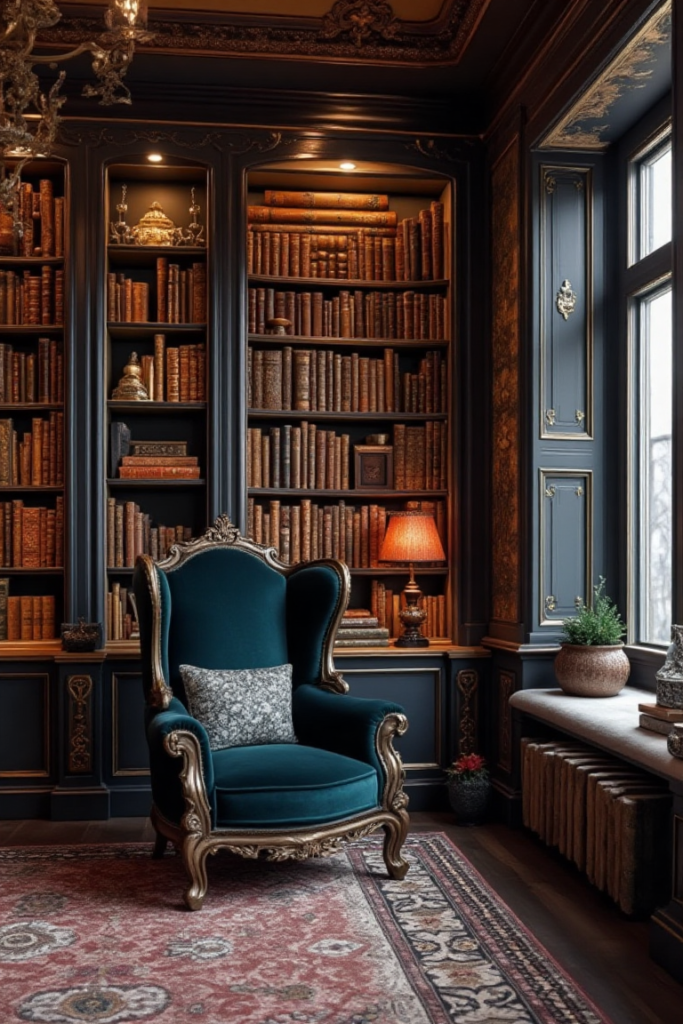 Dark Academia Study with Antique Bookcases