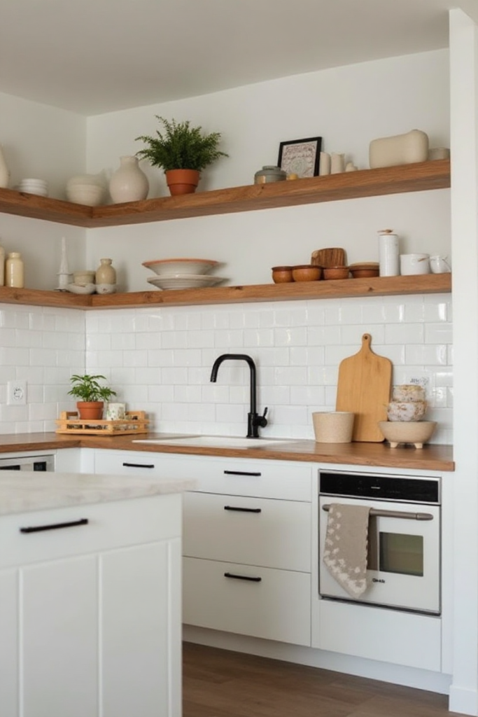 Corner Kitchen Floating Shelves with Butcher Block