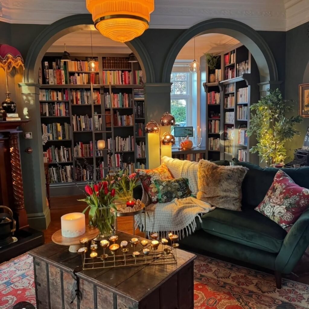 Cozy Cottagecore Library with Candlelight Ambiance