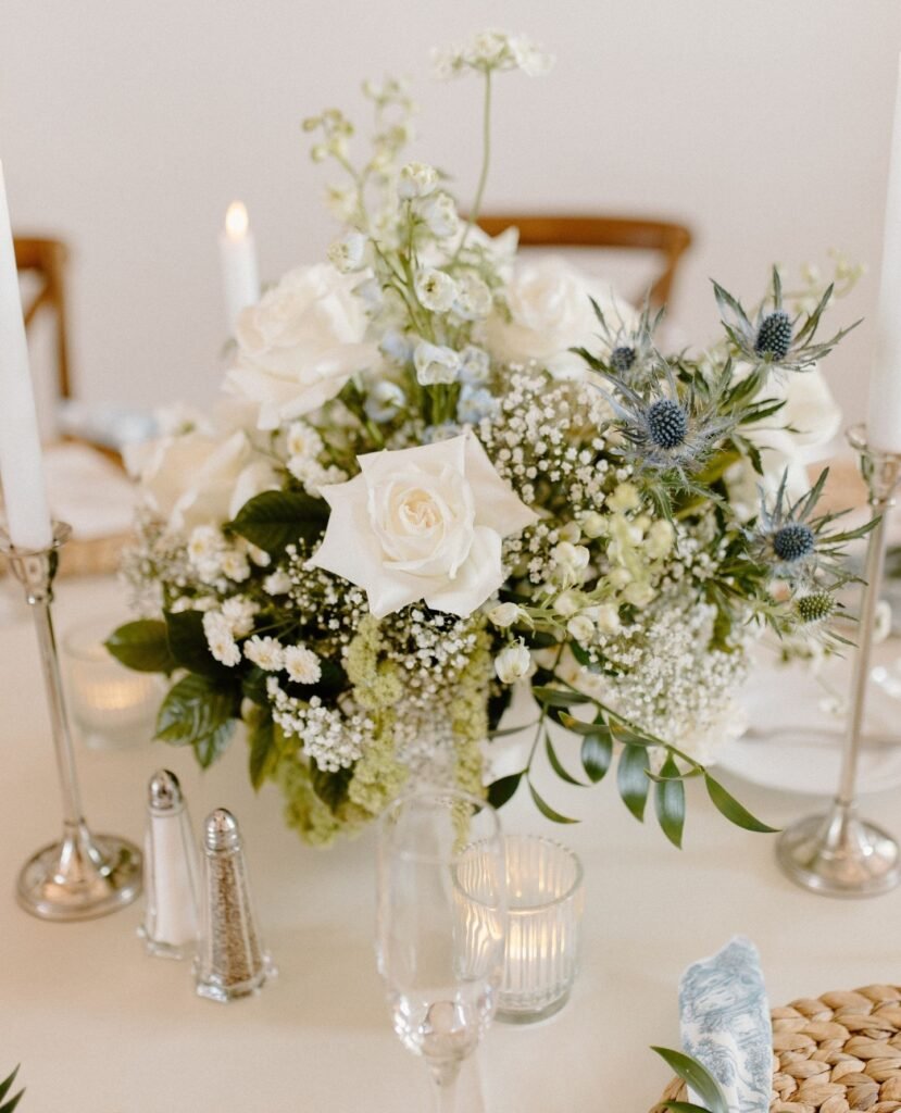 Spring Banquet Table Centerpiece with White Roses
