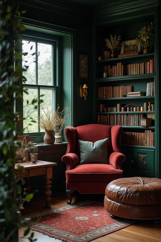 Dark Cottagecore Reading Nook with Vintage Decor