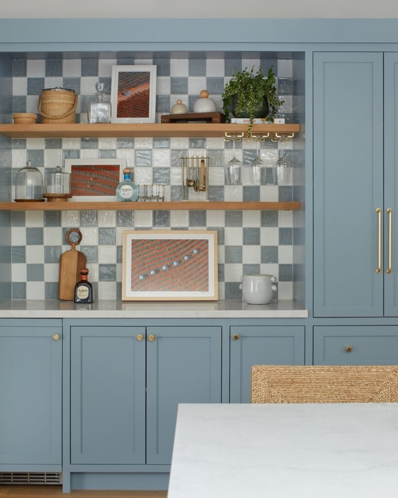 Contemporary Blue-Gray Kitchen with Checkered Backsplash