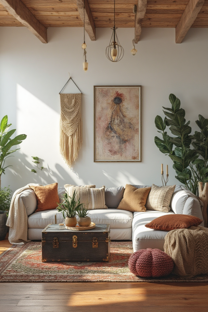 Boho Grey Couch Living Room with Warm Accents