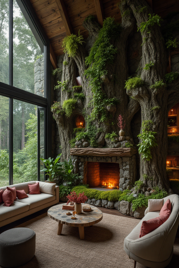 Rustic Cottagecore Sunroom with Stone Fireplace