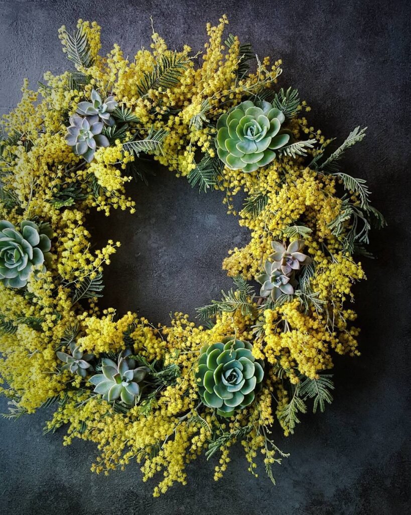 Modern Succulent and Mimosa Wreath