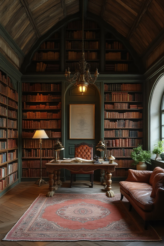 Dark Cottagecore Study with Leather-Bound Books