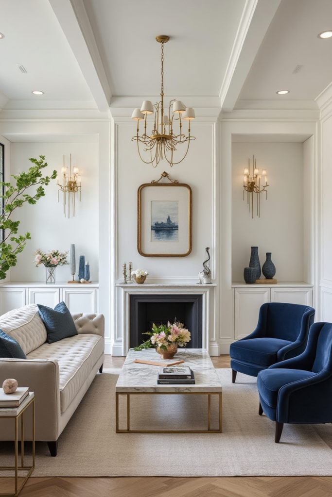 Classic Grey Sofa with Navy Accents