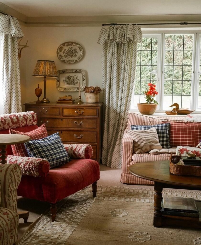 Rustic Cottage Living Room with Plaid Accents