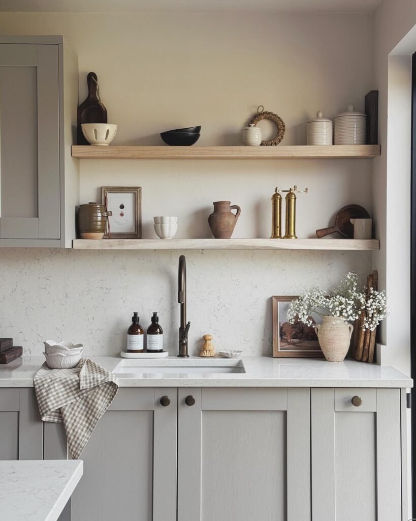 Minimalist Gray Kitchen with Floating Shelf Storage