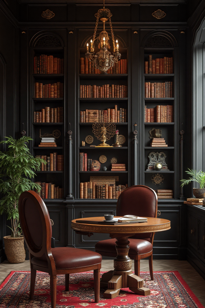 Dark Academia Library with Antique Bookcase