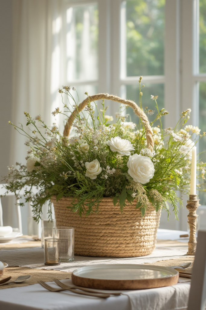 Spring Table Decorations in Natural Basket