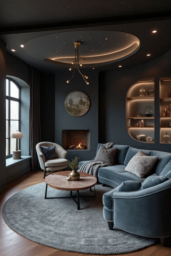 Celestial Dark Living Room with Curved Sofa