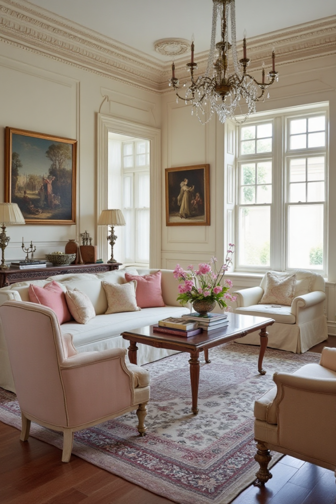 Old Money Home Decor: Pink-Accented Living Space