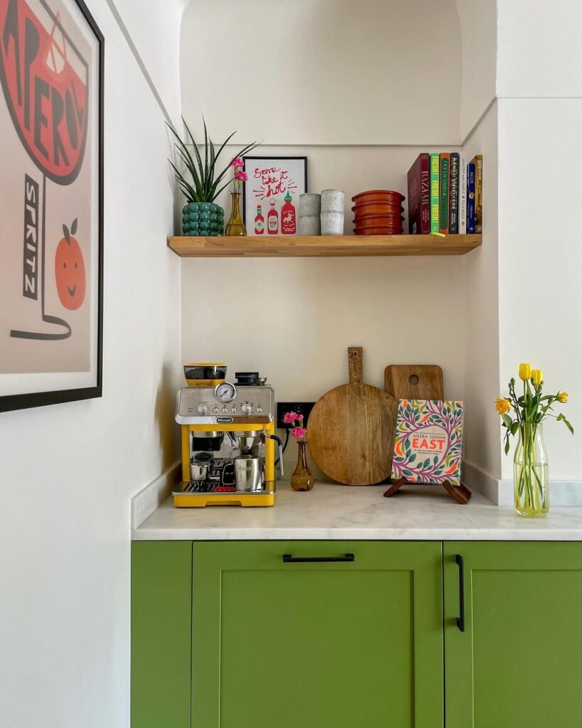 Vibrant Coffee Station with Floating Shelf Display