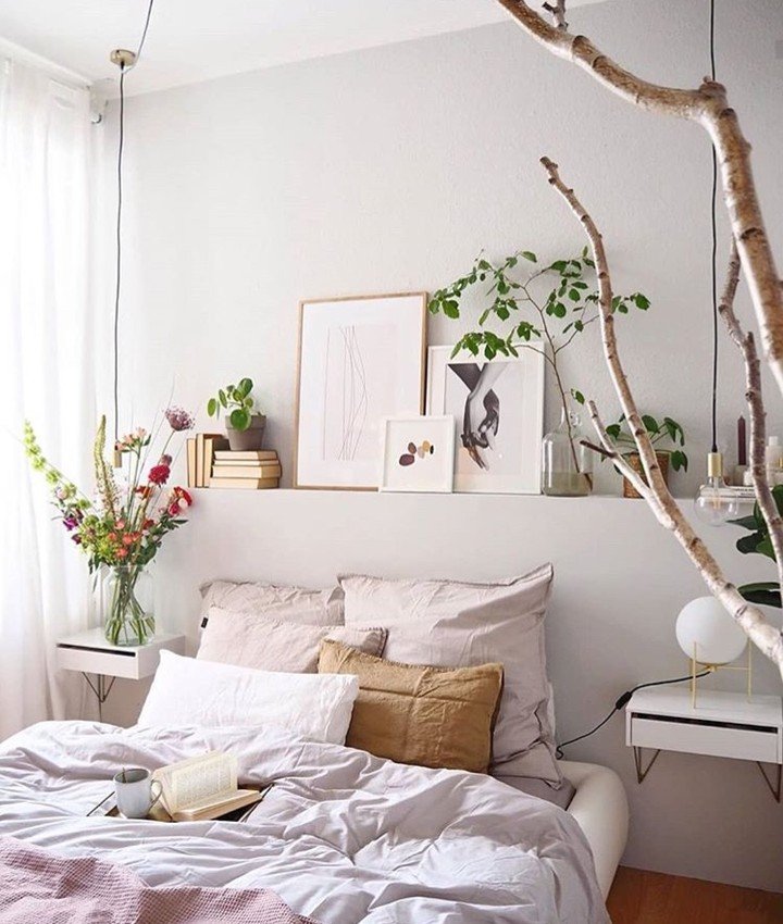 Minimalist Earth Inspired Bedroom with Branch Art