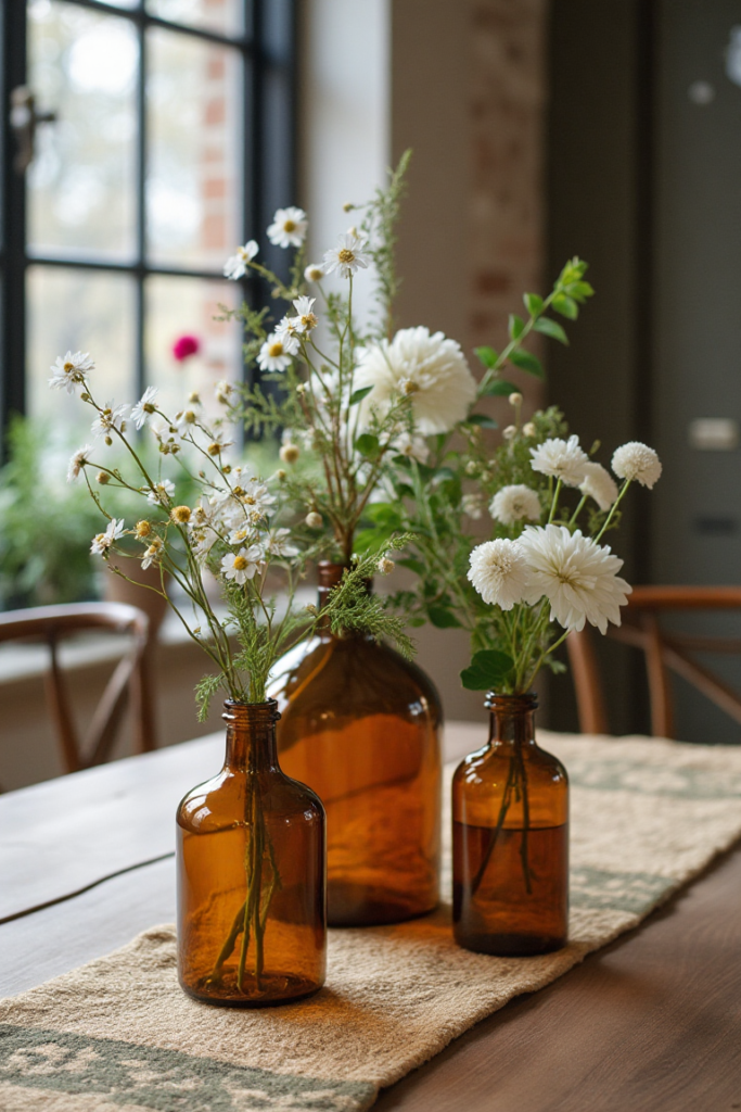 Simple Flower Arrangements Centerpiece with Vintage Bottles