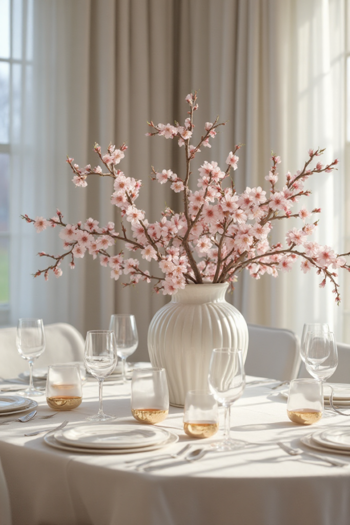 Spring Banquet Table Centerpiece with Cherry Blossoms