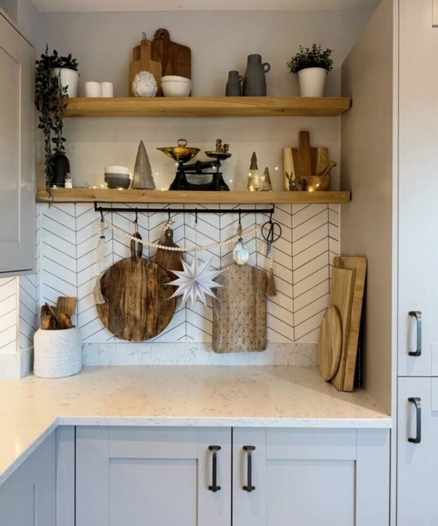 Rustic-Modern Floating Shelves with Utensil Rail